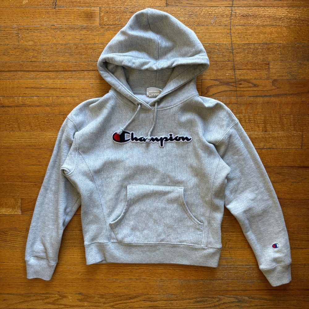Champion Reverse Weave Heather Gray Chenille Logo Hoodie Sleeve Logo Small